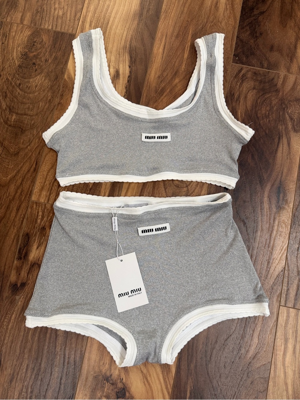 Miu Miu Light Grey and White Ribbed Two-Piece Lounge Set new S size